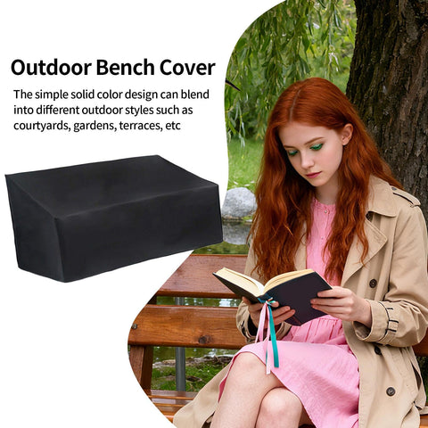 All Season Outdoor Bench Cover For 2 Seats Weatherproof Patio Furniture Protector shown with a woman reading on a bench