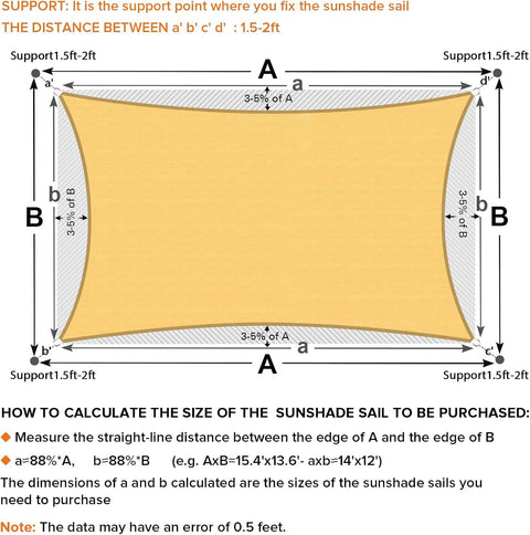 Diagram of Sun Shade Sail 16x20 Sand Rectangular Permeable Outdoor Shade Cloth For Deck Backyard And Patio With Curved Edges Built To Last Heavy Duty Commercial Grade 185GSM Wind Resistant Blocks 95 Percent Sun Custom Sizing Available showing measurements and support points.