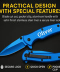 Badass Custom Engraved Pocket Knife With Titanium Coated Blade 2.75 Inch 3CR13 Stainless Steel Blue Handle And Pocket Clip