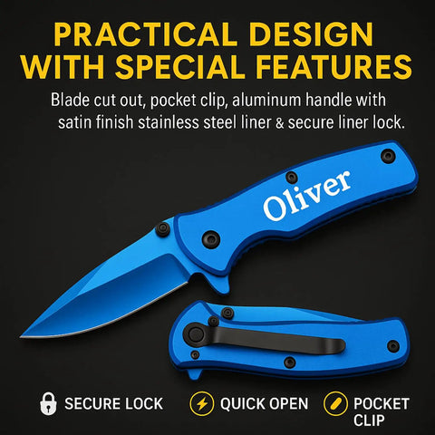 Badass Custom Engraved Pocket Knife With Titanium Coated Blade 2.75 Inch 3CR13 Stainless Steel Blue Handle And Pocket Clip