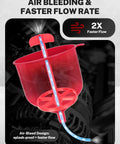 Premium Coolant Funnel Kit With Integrated Vacuum Bleed Tank For Smooth Radiator Fluid Top Off and Trap Free Air Purge, red splash-proof funnel with air bleed design.