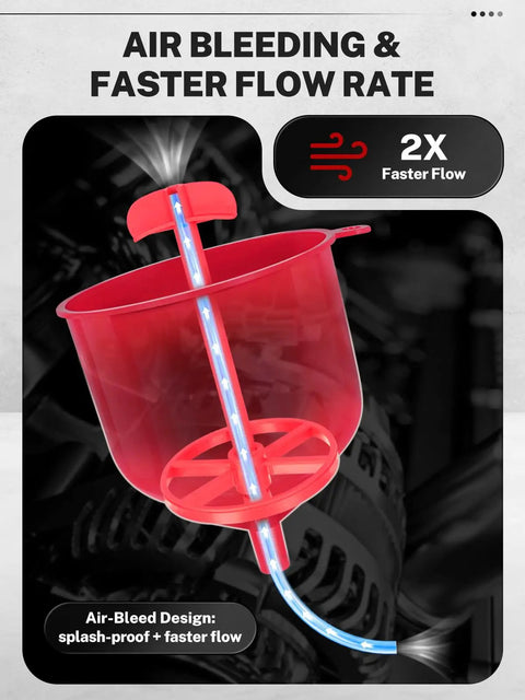Premium Coolant Funnel Kit With Integrated Vacuum Bleed Tank For Smooth Radiator Fluid Top Off and Trap Free Air Purge, red splash-proof funnel with air bleed design.