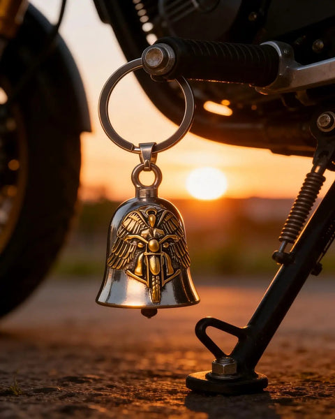 Gremlin Bell Good Luck Charm Motorcycle Keychain with Guardian Angel design hanging on bike at sunset