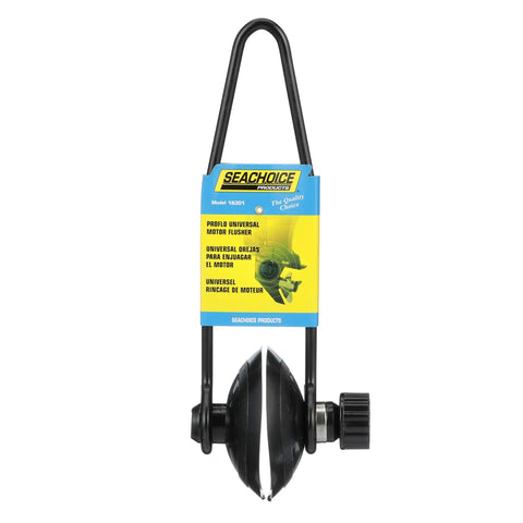 Universal Round Motor Flusher for Outboards and IO Engines with package and hose connection visible