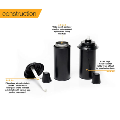 16 Ounce Torch Replacement Canisters 4 Pack Wide Mouth Metal With Snuffer Cap Attached Easy Fill Opening Compatible With Tiki Torches Includes Wicks For Outdoor Lighting