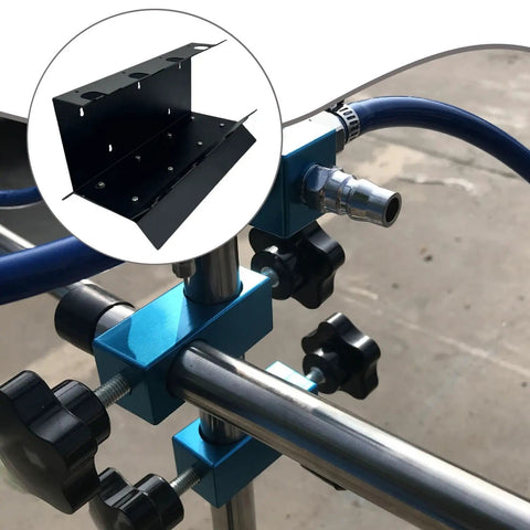 Heavy Duty Metal Paint Sprayer Stand Featuring Four Secure Tool Racks built with durable black metal for storing spray guns securely.
