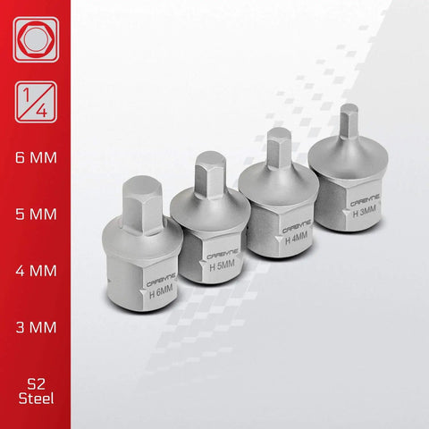 Four S2 steel hex sockets for Nine Piece Metric Stubby Hex Socket Set With Low Profile Bits 3Mm To 14Mm S2 Steel Dual Drive.