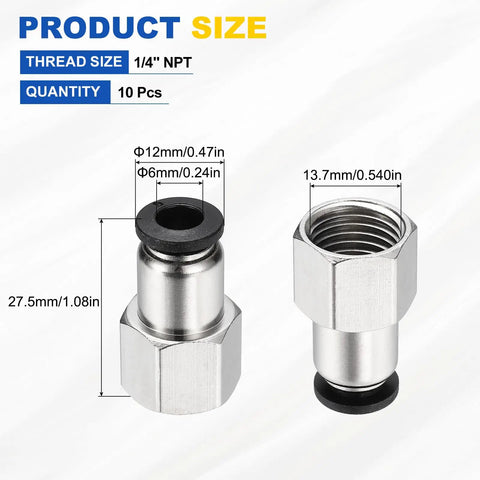 Ten Pack Push To Connect Fittings For 0.24 Inch Tubing And 1/4 NPT Female, Nickel Plated Brass Quick Connect Adapters
