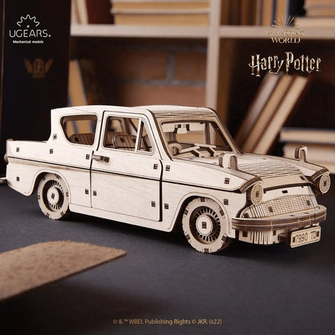 Harry Potter Flying Ford Anglia 3D Puzzle Kit For Adults With Spring Drive DIY Flying Car Model wooden replica, front view