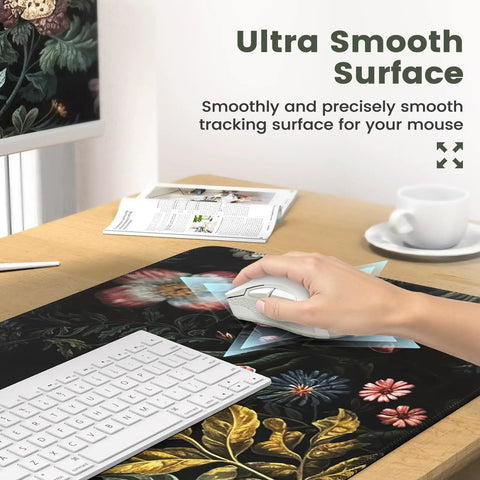 Floral 4in1 Large Desk Cover Mat With Ergonomic Wrist Rest, XXL Anti Slip Mouse Pad, 35.4x15.7 Inch Desk Protector on wooden desk