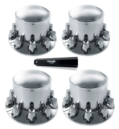 Four Pack 33mm Rear Wheel Covers For Semi Trucks And Big Rigs, Chrome Plated ABS Lug Nut Caps, Screw-On Nut Covers, with tool