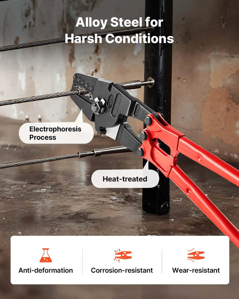 Heavy Duty Hand Swager Crimper 2 In 1 Tool For Copper And Aluminum Oval Sleeves And Stop Sleeves With A 24 Inch Handle in use on cable