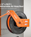 Kickass Retractable Air Hose Reel Auto Rewind 1/2 In X 50 Ft Hybrid Polymer Air Hose Max 300 Psi mounted on wall.