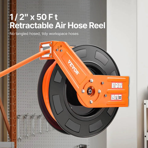 Kickass Retractable Air Hose Reel Auto Rewind 1/2 In X 50 Ft Hybrid Polymer Air Hose Max 300 Psi mounted on wall.