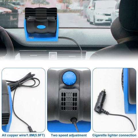 Compact 12V Auto Cooling Fan With Cigar Lighter Plug And Dual Speed Controls showcasing two speed adjustment and cable connection.