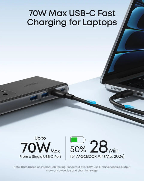 Close-up of Top Tier Desk Organizer Power Strip Featuring Space Saving Clamp Design 70W Usb C Rapid Charge charging a laptop.