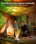 Child and parent enjoy Star Projector 4 in 1 Aurora Night Light With Bluetooth Speaker, white noise in cozy playroom tent.