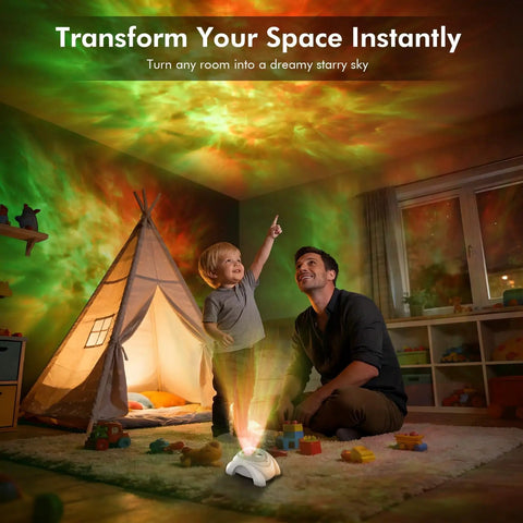 Child and parent enjoy Star Projector 4 in 1 Aurora Night Light With Bluetooth Speaker, white noise in cozy playroom tent.