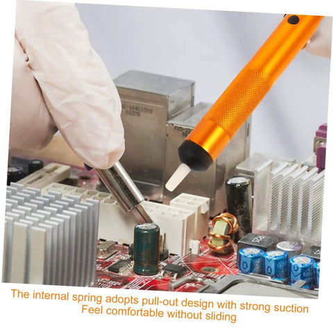Three Piece Aluminum Desoldering Solder Absorber Pump Sucker for PCB One Hand Use in action removing solder from circuit board