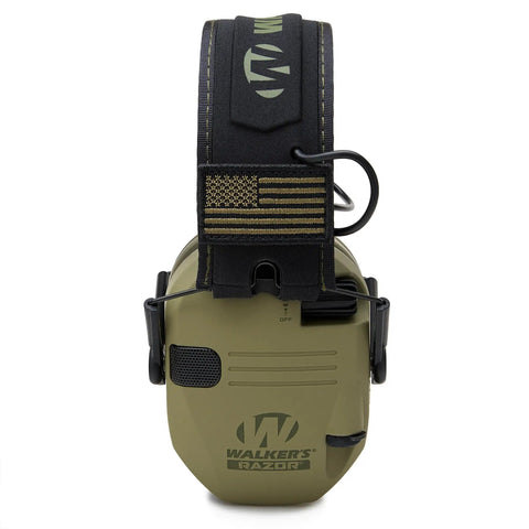 Razor Slim Patriot Series Ear Muffs with ultra-low profile in olive drab green, ergonomic design for outdoor shooting and range duty.