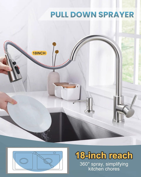 Kitchen Faucet With Soap Dispenser In 304 Stainless Steel Pull Down Sprayer shown in kitchen setting