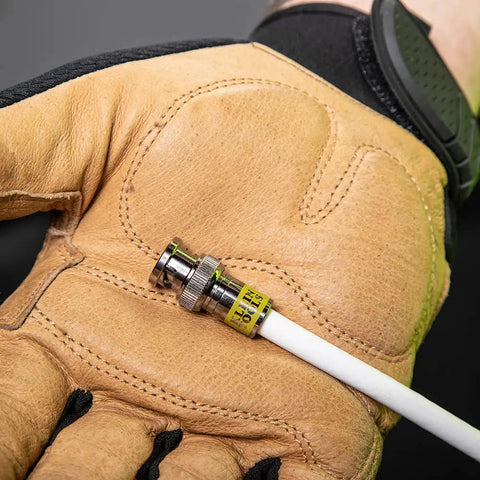 Universal BNC Compression Coax Connector For RG6 And RG6 Quad Shield Cables Male 10 Pack With Universal Sleeve Tech shown on gloved hand