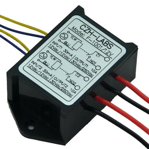 Front view of Dual SPST-NO 10Amp Power Relay Module For DIY Projects, 12V Coil, AC/DC Control Voltage, with labeled inputs and outputs.