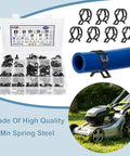 152 Piece Spring Band Hose Clamp Kit With Pliers 16 Sizes From 6 To 25 Mm Automotive Fuel Line Vacuum Silicone Hose Clamps Constant Tension Clamps For Low Pressure Air And More displayed with clamps, hose, and text 'Made Of High Quality 65Mn Spring Steel'