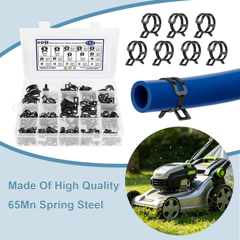 152 Piece Spring Band Hose Clamp Kit With Pliers 16 Sizes From 6 To 25 Mm Automotive Fuel Line Vacuum Silicone Hose Clamps Constant Tension Clamps For Low Pressure Air And More displayed with clamps, hose, and text 'Made Of High Quality 65Mn Spring Steel'