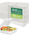 Stacked Eight By Eight Inch Compostable Clamshell Containers Pack Of Fifty Biodegradable Sugarcane To Go Boxes with open container of salad