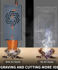 ORTUR Air Assist for laser cutter; left panel shows with air assist, right panel shows no air assist with wood engravings