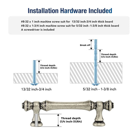 Installation guide for Antique Silver Cabinet Handles 3 Inch Centers Rock Solid Zinc Alloy Drawer Pulls with hardware details.