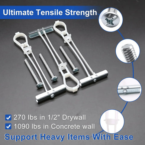 Rock Solid Heavy Duty Drywall Toggle Bolt Anchor Kit One Quarter Inch By Twenty For TV Mounts And Cabinets Eight Pack