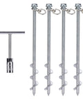 Heavy Duty Steel Screw Ground Anchors Set Of 4, 12 Inch Silver Metal Stakes with T Handle Wrench for Tents and Swing Sets