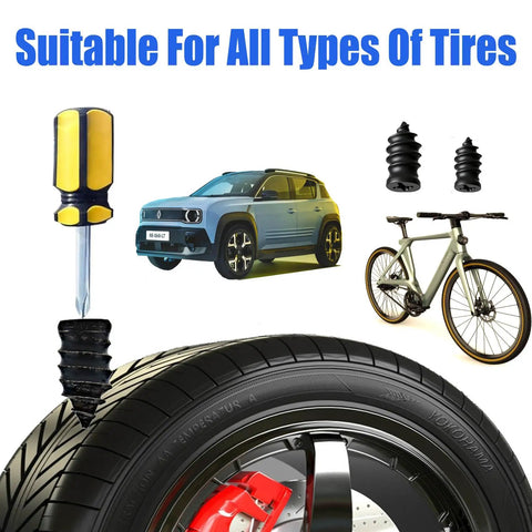 Vacuum Tire Repair Kit With 30 Pieces Spiral Rubber Nails Box And Screwdriver Included Easy Self Repair For Cars Motorcycles Trucks And Tractors DIY Patch Up Fast showing a tire and tools