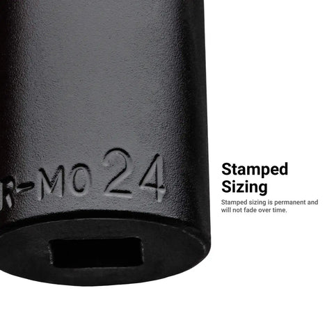 Close-up of 24 mm socket from Half Inch Drive Shallow Impact Socket Set Metric 10 To 27 mm 18 Piece Chrome Molybdenum Steel