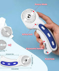45mm Rotary Cutter Set With Five Replacement Blades And An A5 Cutting Mat For Fabric Crafting And Sewing, showing ergonomic handle.