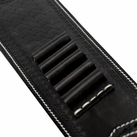Close-up of Slip On Rifle Sling With Cartridge Holder Leather Gun Strap showing five cartridge slots and detailed stitching.
