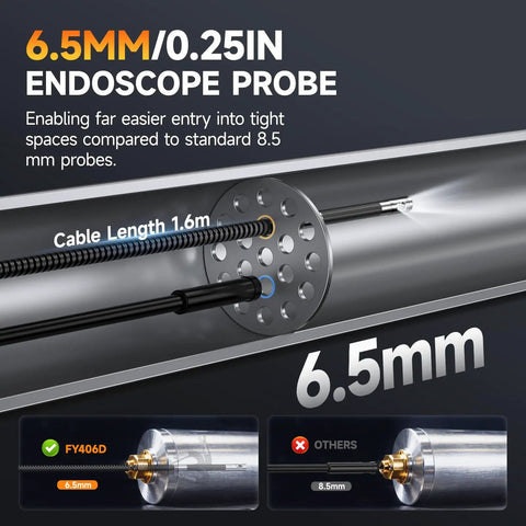Slim 0.25 Inch Dual Lens Articulating Borescope featuring 6.5mm probe for tight space inspection with 220 Degree Two Way Endoscope Camera.