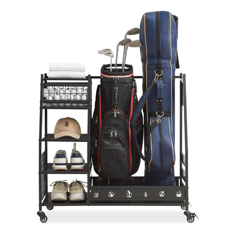 Heavy Duty Golf Bag Organizer Rack For Garage Storage Fits Two Golf Bags And Clubs, Durable Steel Stand With Powder Coated Finish