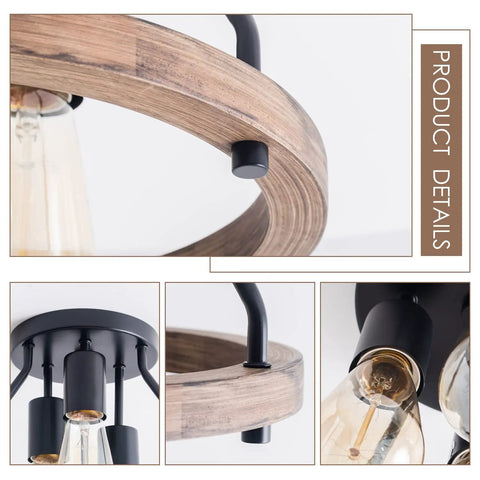 Industrial Flush Mount Ceiling Light With Retro Wood Circle Shade showing walnut finish and three E26 light fixtures detail