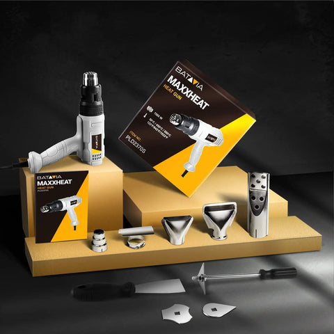 Heavy Duty 1500W Heat Gun Kit With 3 Temperature Levels And Cooling Mode Includes 5 Nozzles For Crafts Shrink Tubing Epoxy Resin Vinyl Wraps Soldering Wood Burning Candle Making And More, showing heat gun with various nozzles and packaging on display.