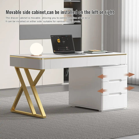 Dope White Executive Desk With Deep Drawers And Usb Charging Station, 47 Inch Modern Office Workstation featuring movable side cabinet.