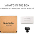 Box with Ravinte logo for 10 Pack 1-1/4 Inch Matte Black Cabinet Knobs and Drawer Pulls, with screws and knob displayed.