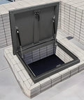 Heavy Duty Aluminum Roof Access Hatch Door With Maintenance Hatch And Security Barrier For Emergency Access In Factory Warehouse Or Home Attic Skylight Cover Rainproof Anti Theft Blackout 95x95cm, open on roof