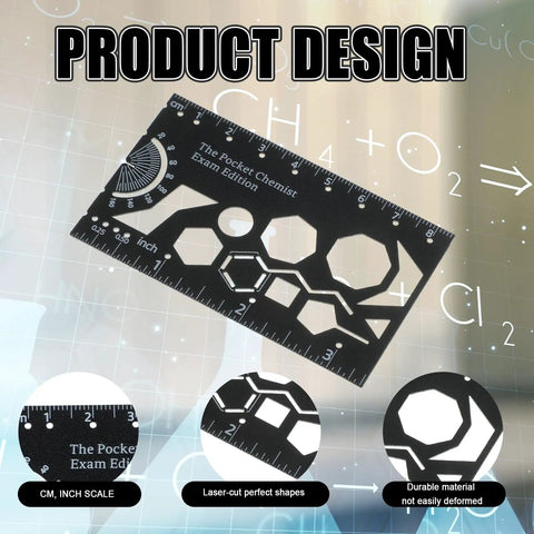 Black metal organic chemistry stencil featuring hexagonal molecular shapes, ideal for chemists and students, size 3.35 x 2 inches.