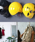 Four Pack Motorcycle Helmet Holder Hook Wall Mount Rack With Mounting Screws And Expansion Anchors Aluminum Alloy Construction Waterproof And Rustproof Keeps Helmets Jackets And Gear Organized And Easy To Access, showcasing helmets and jackets hung securely.