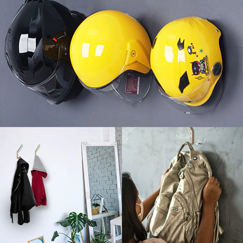Four Pack Motorcycle Helmet Holder Hook Wall Mount Rack With Mounting Screws And Expansion Anchors Aluminum Alloy Construction Waterproof And Rustproof Keeps Helmets Jackets And Gear Organized And Easy To Access, showcasing helmets and jackets hung securely.