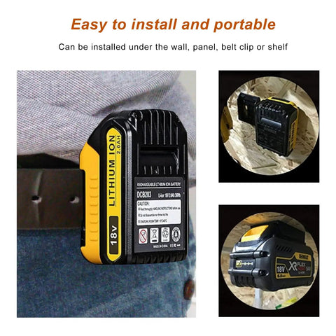 Close-up of 20V Tool Holder And Battery Mount Kit, showcasing portability on a belt with Dewalt 18V battery