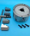 Rock Solid 130Mm Four Jaw Self Centering Lathe Chuck K12-130 with jaws and tool for mini metal lathe WM210V projects.